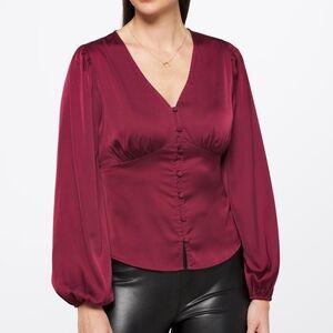 Burgundy Violets & Roses Harleigh Satin Long Sleeve Button Down Blouse